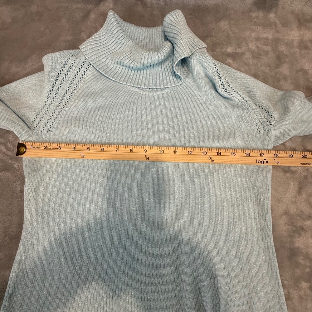 Liz Claiborne Light Blue Metallic Shimmer Cowl Neck Sweater Pointelle Shoulder L - Picture 4 of 8